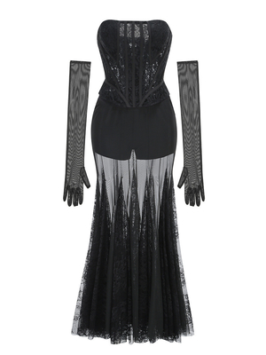 SS2362 High Street Women's Fashion Lace Strapless Long Women's Party Sexy Clubwear Two-Piece Set Versatile and Flattering