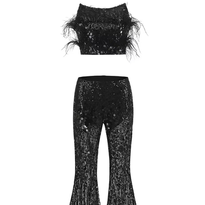 SS2364 Kimshein Women's Fashion Pants and Feather Sweater Set with Shiny Sequins A Glamorous Addition to Your Wardrobe