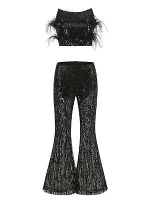 SS2364 Kimshein Women's Fashion Pants and Feather Sweater Set with Shiny Sequins A Glamorous Addition to Your Wardrobe