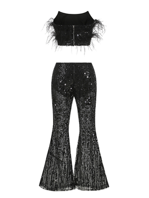 SS2364 Kimshein Women's Fashion Pants and Feather Sweater Set with Shiny Sequins A Glamorous Addition to Your Wardrobe