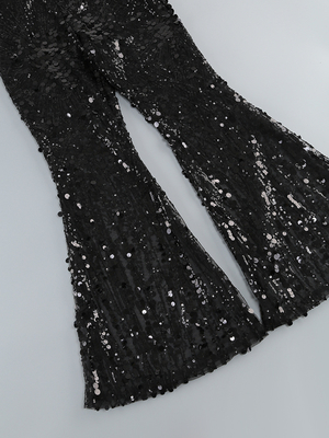 SS2364 Kimshein Women's Fashion Pants and Feather Sweater Set with Shiny Sequins A Glamorous Addition to Your Wardrobe