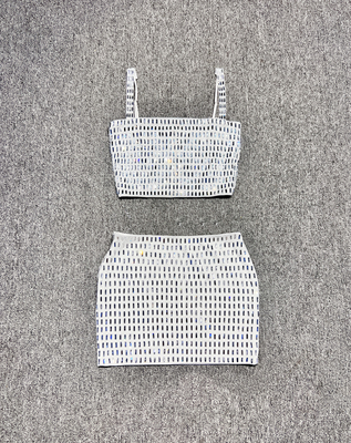 SS2363 Spring Autumn Women's Fashion Clothing Luxurious Dress Celebrity Crystal Stone Two-Piece Set for Women in Pure Color
