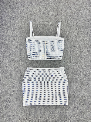 SS2363 Spring Autumn Women's Fashion Clothing Luxurious Dress Celebrity Crystal Stone Two-Piece Set for Women in Pure Color