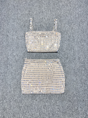 SS2363 Spring Autumn Women's Fashion Clothing Luxurious Dress Celebrity Crystal Stone Two-Piece Set for Women in Pure Color