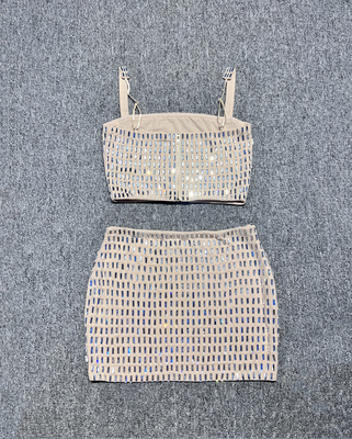 SS2363 Spring Autumn Women's Fashion Clothing Luxurious Dress Celebrity Crystal Stone Two-Piece Set for Women in Pure Color