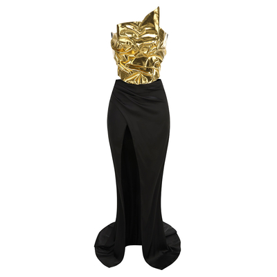 SS2357 Summer Sexy Two-Piece Gold Backless Top Black Long Skirt High Slit for Women Nightclub Party Outfit Set