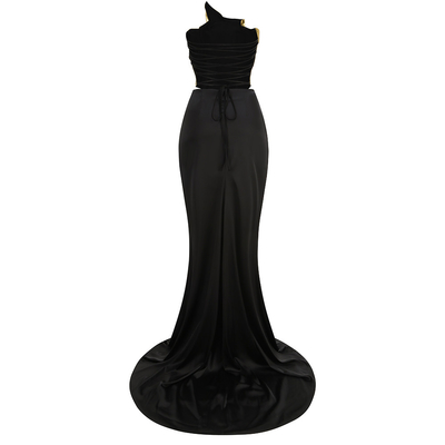SS2357 Summer Sexy Two-Piece Gold Backless Top Black Long Skirt High Slit for Women Nightclub Party Outfit Set