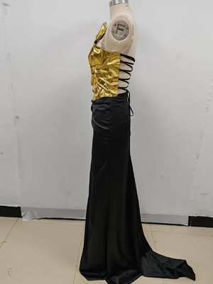 SS2357 Summer Sexy Two-Piece Gold Backless Top Black Long Skirt High Slit for Women Nightclub Party Outfit Set
