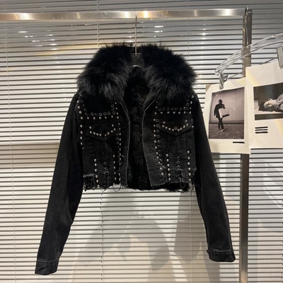 Kimshein BA2300 Women's Fashion Denim Coat with Feather Fur Woven Method Shuttle Loom
