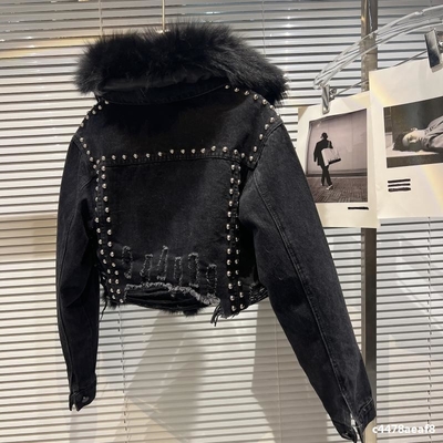 Kimshein BA2300 Women's Fashion Denim Coat with Feather Fur Woven Method Shuttle Loom
