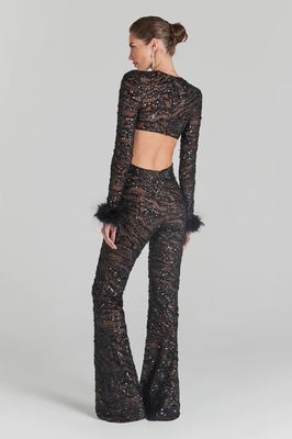 Kimshein JB2238 Classy Mesh Sequin Long Sleeve Bodysuit for Women Sexy Hollow Out Bodysuit Luxury Tight Feather Bodysuit