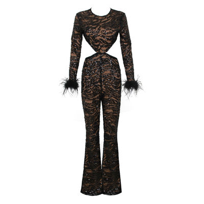 Kimshein JB2238 Classy Mesh Sequin Long Sleeve Bodysuit for Women Sexy Hollow Out Bodysuit Luxury Tight Feather Bodysuit