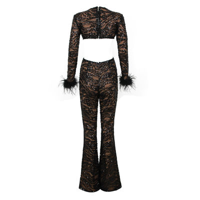 Kimshein JB2238 Classy Mesh Sequin Long Sleeve Bodysuit for Women Sexy Hollow Out Bodysuit Luxury Tight Feather Bodysuit