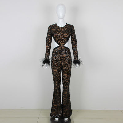 Kimshein JB2238 Classy Mesh Sequin Long Sleeve Bodysuit for Women Sexy Hollow Out Bodysuit Luxury Tight Feather Bodysuit