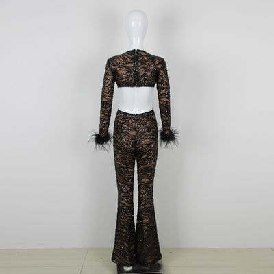 Kimshein JB2238 Classy Mesh Sequin Long Sleeve Bodysuit for Women Sexy Hollow Out Bodysuit Luxury Tight Feather Bodysuit