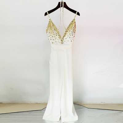 Kimshein JB2217 Gold Sequin Jumpsuit Crystal Elegant Party Outfit for Women Wide Leg Jumpsuit Summer Shimmering Jumpsuit