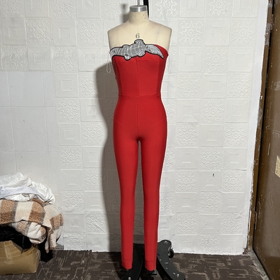 Kimshein JB2216 Red Sexy Tight Bodysuit Bandage Jumpsuit for Women Fashion Clubwear International Shipping