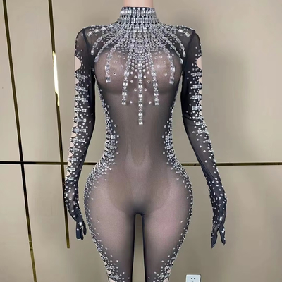 Long Sleeve AD1818 Kimshein Handmade Women's High Fashion Diamond Jumpsuit with Sexy Crystal and Diamond Embellishment
