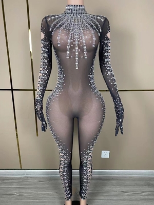 Long Sleeve AD1818 Kimshein Handmade Women's High Fashion Diamond Jumpsuit with Sexy Crystal and Diamond Embellishment