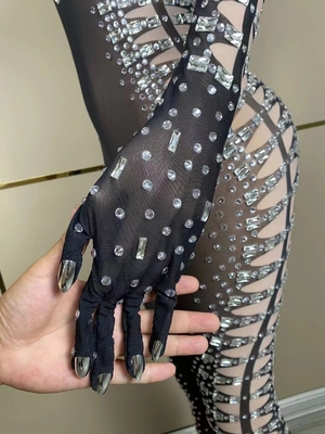 Long Sleeve AD1818 Kimshein Handmade Women's High Fashion Diamond Jumpsuit with Sexy Crystal and Diamond Embellishment