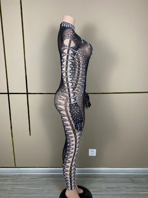 Long Sleeve AD1818 Kimshein Handmade Women's High Fashion Diamond Jumpsuit with Sexy Crystal and Diamond Embellishment
