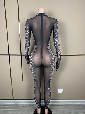 Long Sleeve AD1818 Kimshein Handmade Women's High Fashion Diamond Jumpsuit with Sexy Crystal and Diamond Embellishment