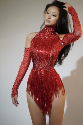 AD2434 Summer Nightclub Party Essential Breathable Fringed Rhinestone Long Sleeve Mini Sexy Jumpsuit for Nightlife