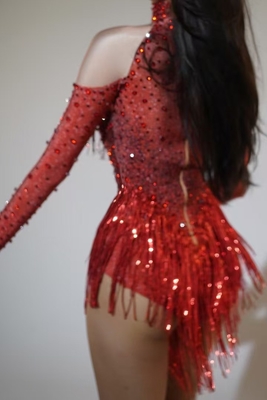 AD2434 Summer Nightclub Party Essential Breathable Fringed Rhinestone Long Sleeve Mini Sexy Jumpsuit for Nightlife