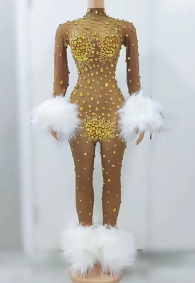 AD1772 Fashion Handmade Crystal Rhinestone Clothing Feather Jumpsuit for Women Regular Sleeve and Spring Season Suitable