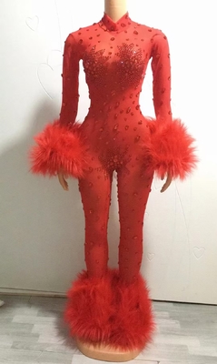 AD1772 Fashion Handmade Crystal Rhinestone Clothing Feather Jumpsuit for Women Regular Sleeve and Spring Season Suitable