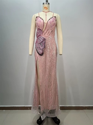 ED2739 Pink Luxury Evening Dress Mesh Sequin Elegant Party Dress Women's Slim Floor-Length Dress in Spandex/Polyester