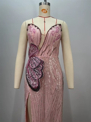 ED2739 Pink Luxury Evening Dress Mesh Sequin Elegant Party Dress Women's Slim Floor-Length Dress in Spandex/Polyester