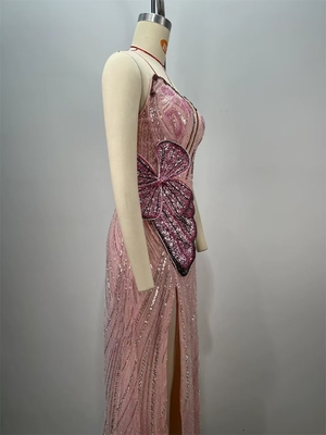 ED2739 Pink Luxury Evening Dress Mesh Sequin Elegant Party Dress Women's Slim Floor-Length Dress in Spandex/Polyester