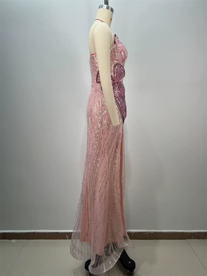 ED2739 Pink Luxury Evening Dress Mesh Sequin Elegant Party Dress Women's Slim Floor-Length Dress in Spandex/Polyester