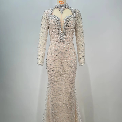 ED2735 Luxurious Full Sleeve Mermaid Crystal Rhinestone Evening Dress for Women's Wedding and Dance Party