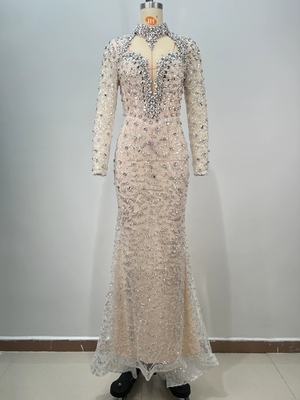 ED2735 Luxurious Full Sleeve Mermaid Crystal Rhinestone Evening Dress for Women's Wedding and Dance Party