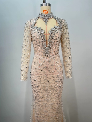 ED2735 Luxurious Full Sleeve Mermaid Crystal Rhinestone Evening Dress for Women's Wedding and Dance Party