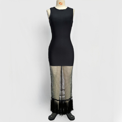 SB3413 Fashion Bandage Dress Tight Mesh Beaded See-Through Fringe Dress with Customizable Logo Position and Summer Wear