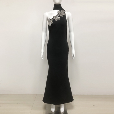 SB3404 Fashionable Luxury Black Long Bandage Dress with Crystal Flowers and Elegant Flared Skirt 100
