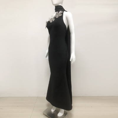 SB3404 Fashionable Luxury Black Long Bandage Dress with Crystal Flowers and Elegant Flared Skirt 100