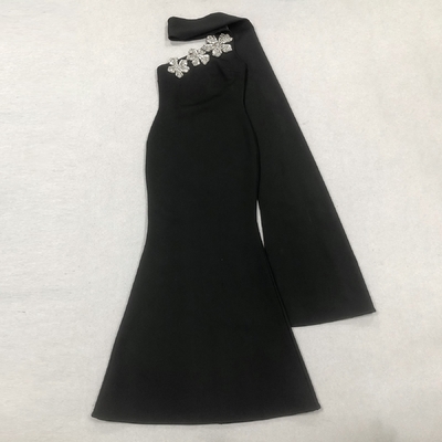SB3404 Fashionable Luxury Black Long Bandage Dress with Crystal Flowers and Elegant Flared Skirt 100
