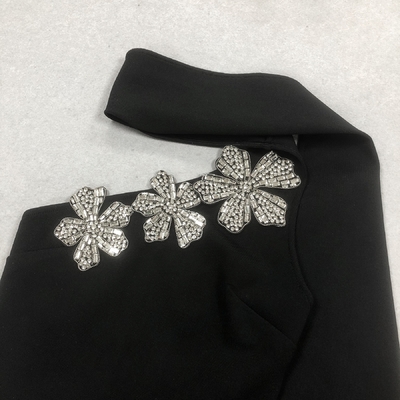 SB3404 Fashionable Luxury Black Long Bandage Dress with Crystal Flowers and Elegant Flared Skirt 100