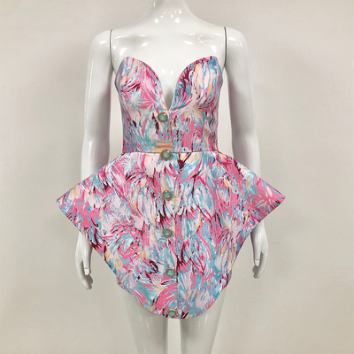 SB3114 Kimshein Women's Fashion Dress for Club Party Strapless Mini Sexy Floral Dress in Polyester Material Model SB3114