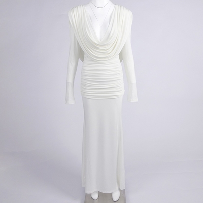 LS2640 White Sexy Deep V-neck Long Sleeve Pleated Hem Maxi Dress with Solid Bodycon Clubwear No Decorations Polyester Fabric