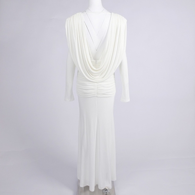 LS2640 White Sexy Deep V-neck Long Sleeve Pleated Hem Maxi Dress with Solid Bodycon Clubwear No Decorations Polyester Fabric