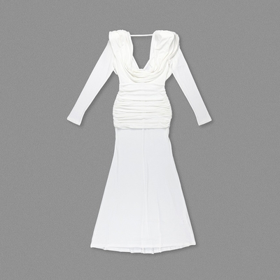 LS2640 White Sexy Deep V-neck Long Sleeve Pleated Hem Maxi Dress with Solid Bodycon Clubwear No Decorations Polyester Fabric