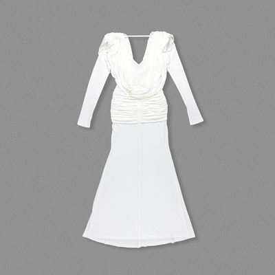 LS2640 White Sexy Deep V-neck Long Sleeve Pleated Hem Maxi Dress with Solid Bodycon Clubwear No Decorations Polyester Fabric
