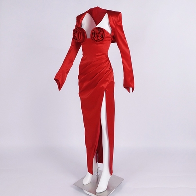 Water Washed Flowers Decorated Red Satin Maxi Dress with Suit Jacket SS2395 Women's Elegant and Sexy High Slit