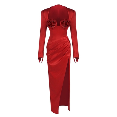 Water Washed Flowers Decorated Red Satin Maxi Dress with Suit Jacket SS2395 Women's Elegant and Sexy High Slit