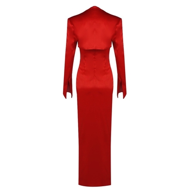 Water Washed Flowers Decorated Red Satin Maxi Dress with Suit Jacket SS2395 Women's Elegant and Sexy High Slit